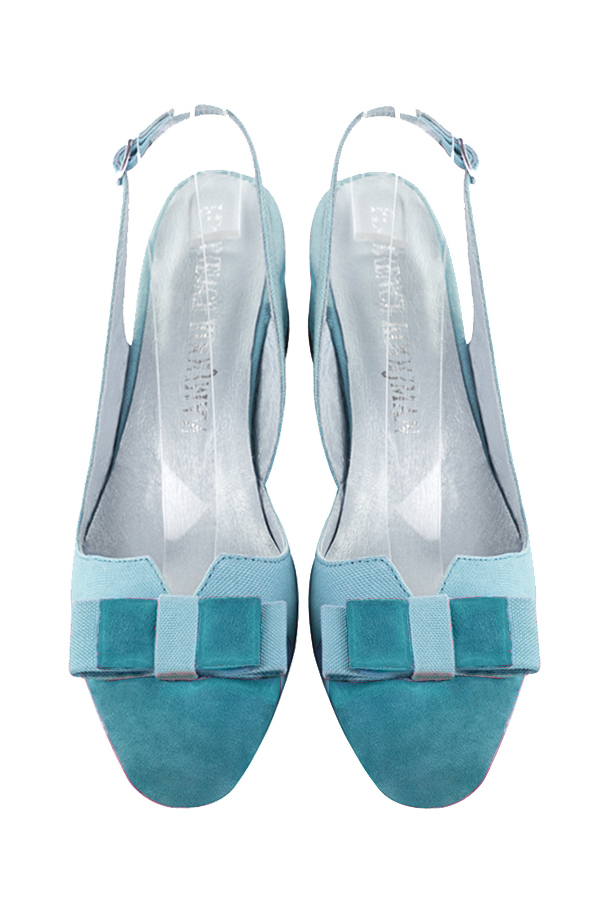 Peacock blue women's open back shoes, with a knot. Round toe. Low flare heels. Top view - Florence KOOIJMAN